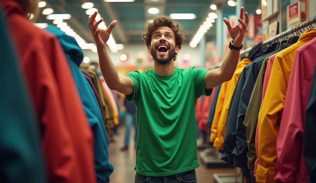 A male in green tshirt shows jackets for s, he's actually selling them in his shop and shouting sale sale!