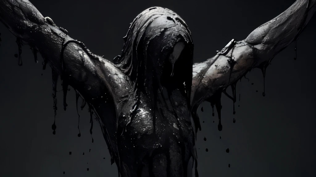 bs, solo, simple background, monochrome, upper body, greyscale, bodysuit, black background, 1other, monster, arms at sides, horror (theme), female