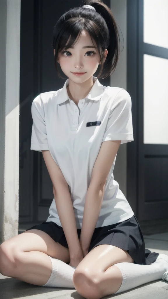 1girl, solo, white polo shirt, white sneakers, tennis wear, white miniskirt, masterpiece, best quality, realistic, hyper-detailed, (shiny skin, sweaty:1.4), absurd, looking at viewer, short black hair, brown eyes, slender, dynamic lighting, high resolution, sharp focus, depth of field, detailed eyes, sharp pupils, realistic pupils, (small breasts:1.6), (thick thighs:1.0), outdoor, sky