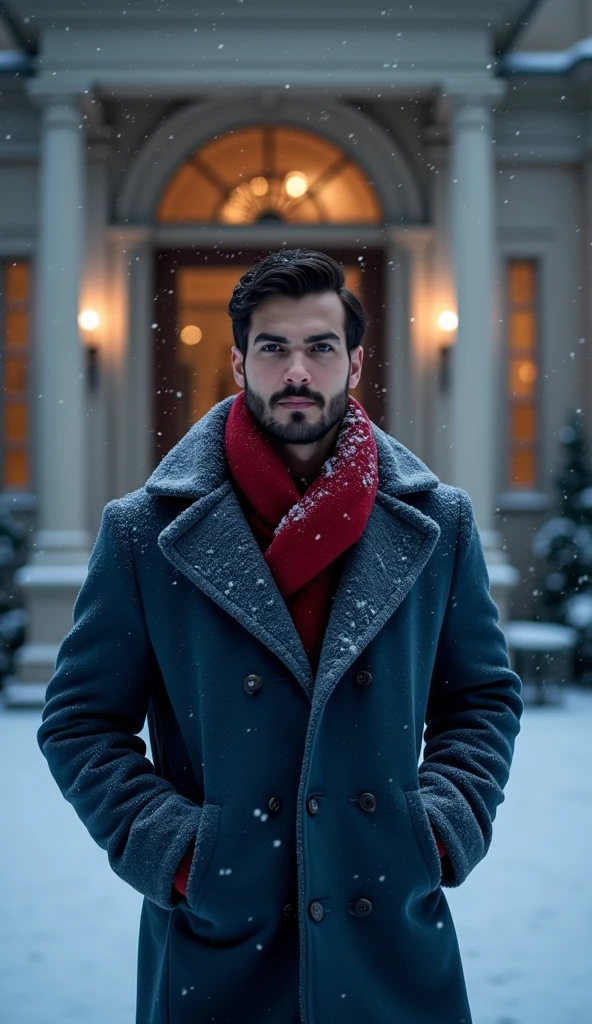 A 21-year-old young rich man with a small beard and big mustache, wearing a lush bluish pent coat and a red muffler. Snow-covered ground and icy environment. Dark, cold night with heavy snowfall. almost in front of grand mansion entrance door, snowy and cold environment.