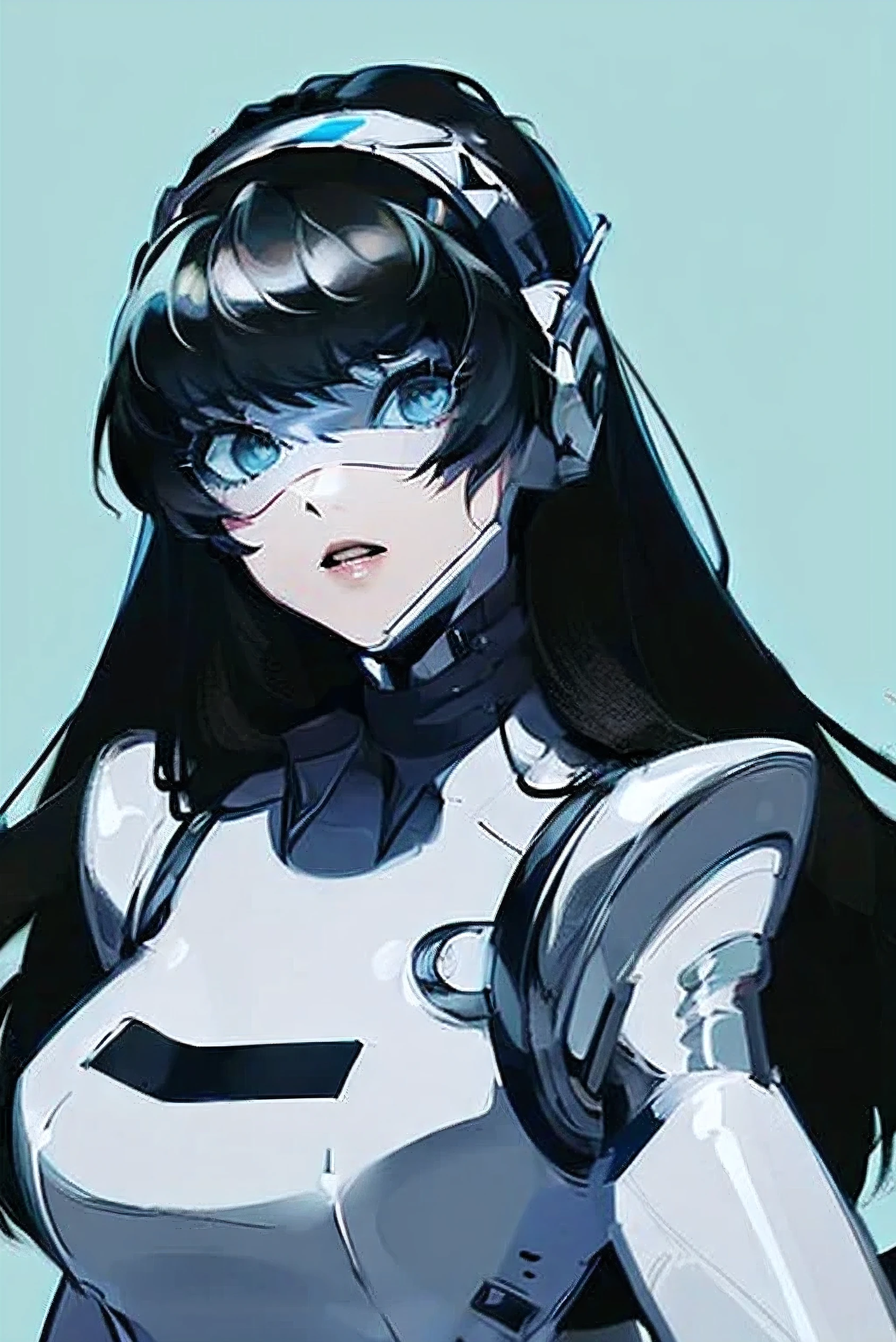 empty eyes,robotized woman ,big bust,Robot Joint ,Metal skin,Black Suit,long hair,a suit that covers the whole body,aegis(persona3)