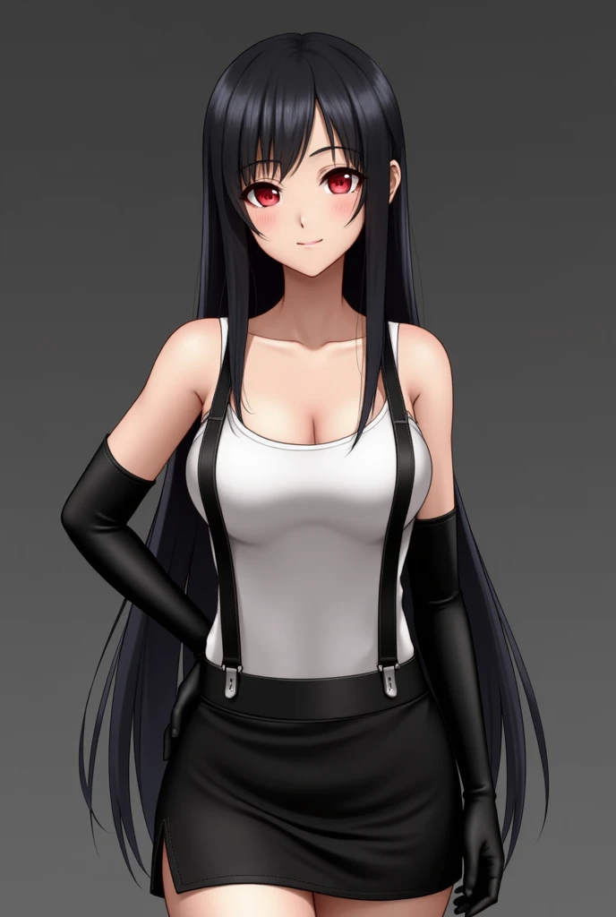 masutepiece), Best Quality, Expressive eyes, Perfect face, very long straight black hair, longshot, Tifa,Tifa Lockhart, Tifa_lockhart (Red eyes) (Photorealistic), (make - up:1.2), (fitness), (Detailed skin), 4K, Highly detailed, ultra-detailliert, detaileds, Detailed beautiful skin, Detailed beautiful face, Detailed skin texture, detailed hairs, Detailed eyes, Thin figure, thin waist, slim, Defined abdomen perfect face, Cute face, Cheeky smile, ((Suspender Black Skirt), Black Elbow Gloves,White taut shirt、Thigh、ripped clothing、white tank tops、white panties)、(((middlebreast:1.2、Natural breasts、droopy chest、teats、large areola、Beautiful areola、nudde、toppless)))