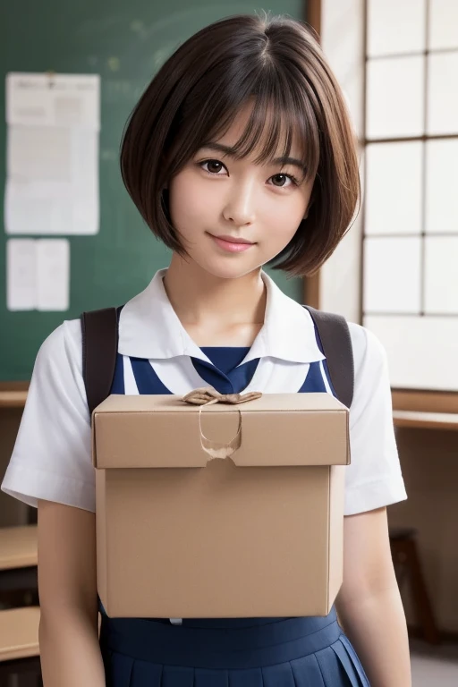 Highest quality, Face Focus, Soft Light, Ultra-high resolution, (Realistic:1.4), RAW Photos, 1 Japanese girl, alone, cute, (A shy smile:0.5), (Brown eyes, Light in your eyes), Beautiful face in every detail, (Small box),(High resolution detail of human skin texture), (Short Bob Hair), break, In the classroom,Navy uniform, Best, skirt