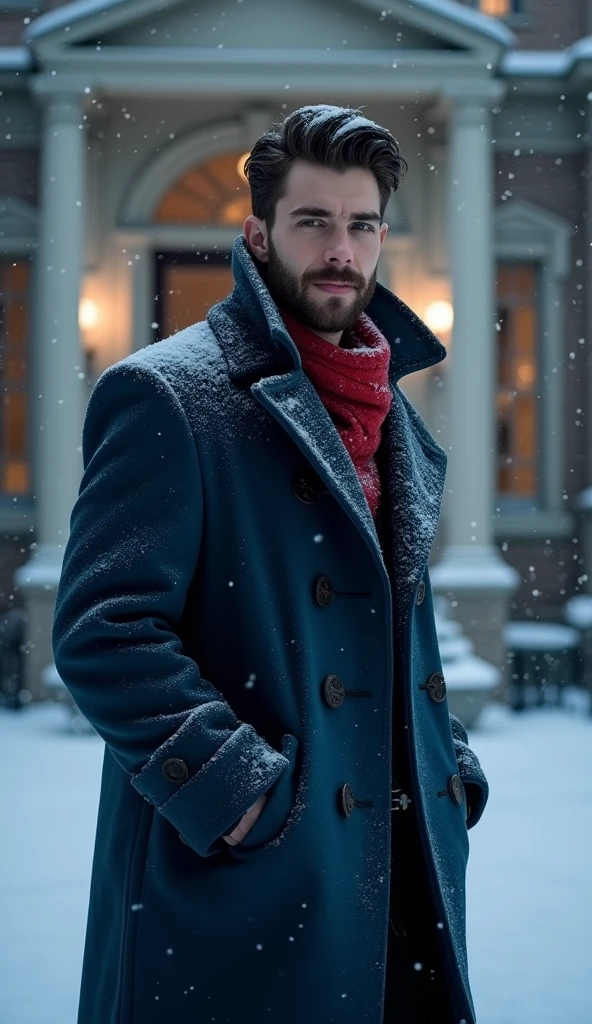 A 21-year-old young rich man with a small beard and big mustache, wearing a lush bluish pent coat and a red muffler. Snow-covered ground and icy environment. Dark, cold night with heavy snowfall. almost at grand mansion entrance door, snowy and cold environment.