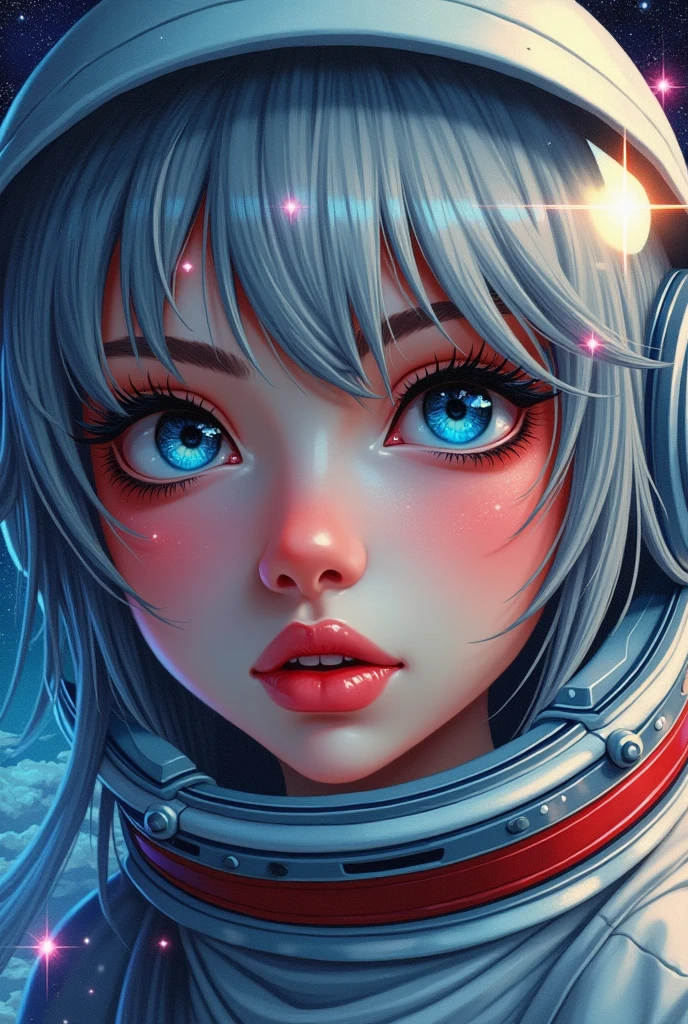(Close-up of a better masterpiece:1.5)0.9], (Space and astronauts:1.2) (Messy silver hair:1.1) (Heterochromia xanthochromia and blue eyes:1.2) (Space Helmet:1.0) (Colored stars in the eyes:1.0) (A radiant glow:1.1) (thick lips:0.9) (Detalhado) (( estilo em quadrinho)),
