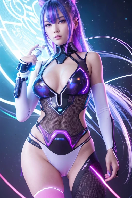 high quality, 8K Ultra HD, full body, have a cyber saber, a mesmerizing 20-year-old woman with a futuristic beauty that seems to transcend time and space, intricately woven into her very being, encased in the cybernetic suit, move with fluidity and precision, Her flowing hair resembles streams of neon lights, casting a vibrant glow that adds a touch of cyberpunk brilliance to her appearance, Each strand of hair is meticulously crafted with holographic patterns that shimmer and shift, creating an ever-changing display of colors, by yukisakura, highly detailed,