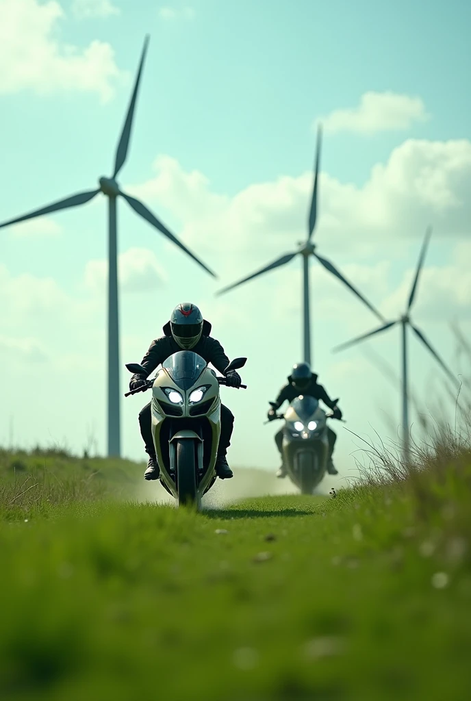 Futuristic motorcycles racing on a green field with windmills