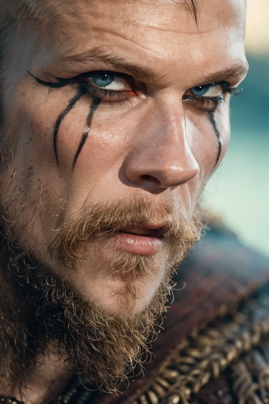 Hyper realistic, ultra detailed, close-up face of Floki a viking warrior, 50 years old, black makeup on eyes, beard, ultra realistic, skin texture, cinematic lighting. 