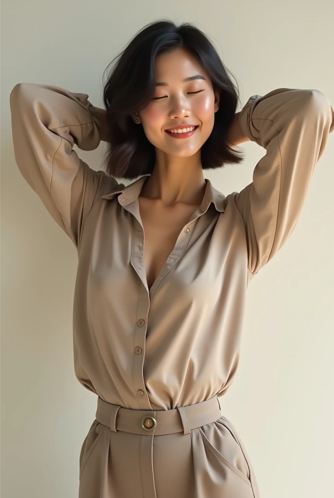 Asian woman with very short hair, wearing a beige blouse, she is smiling with her eyes closed. Your body is a little bulky, and she's raising her arms a little strong.