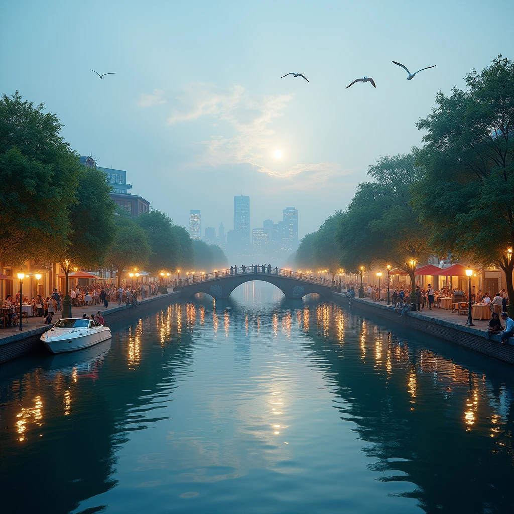 City of Water,Reflecting Buildings,Reflection shining on the surface of the water,Dynamic city skyline,Sparkling Light,Gentle canals,Waterfront Architecture,Lush greenery,Boating activities,Quiet atmosphere,Soft pastel color palette,long exposure photo,night lighting,Romantic atmosphere,Detailed Texture,High Dynamic Range,Transparent Reflection,Beautiful sunset,Scenic bridges,Cityscape reflected on the surface of the water,Quietness and peace,Peaceful City Retreat (Peaceful City Re,romantic gondola ride,Foggy Morning,Heavenly Beauty, Dreamy landscape,City of Dreams,An urban oasis, Water Paradise,Symbiosis between water and urban life,Seagulls flying gracefully,Ripples spread across the water surface,The arch of the bridge reflected in the water,Floating Market,Heavenly cityscape.