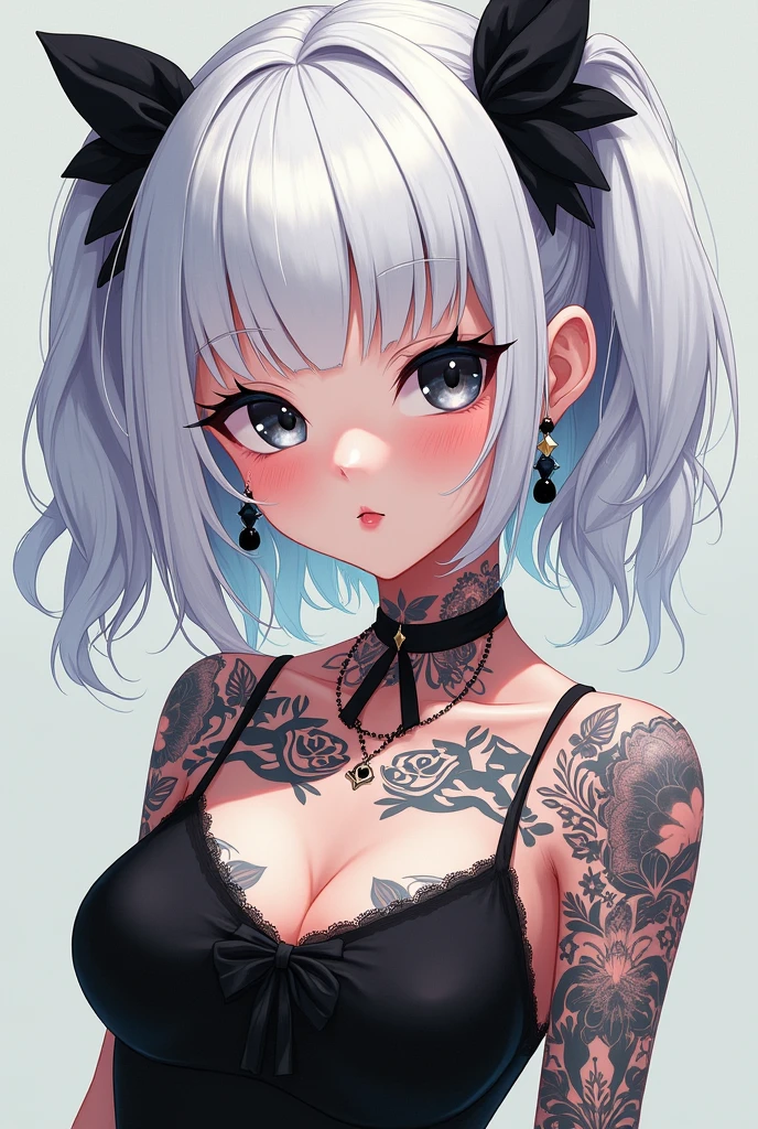 The most beautiful girl, with tattoos on her body, white hair and bangs, with BLACK eyes, anime style.