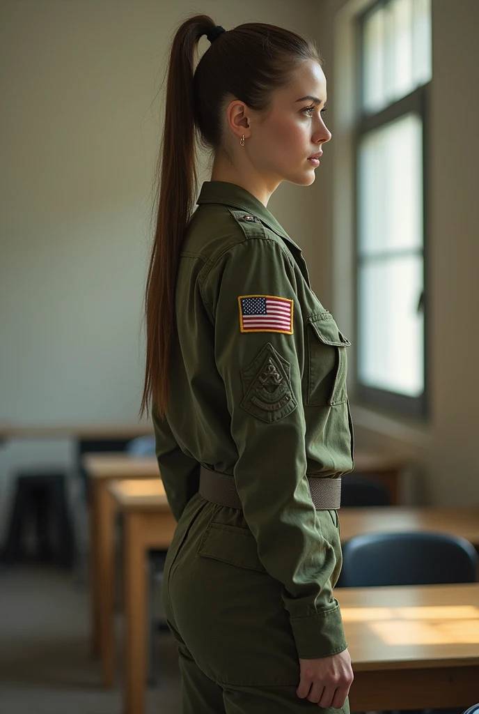 ((masterpiece, best quality)), In the classroom,Real women,Woman in combat uniform , Perfect body,View from the side, Ponytail,Full body portrait,Long legs,