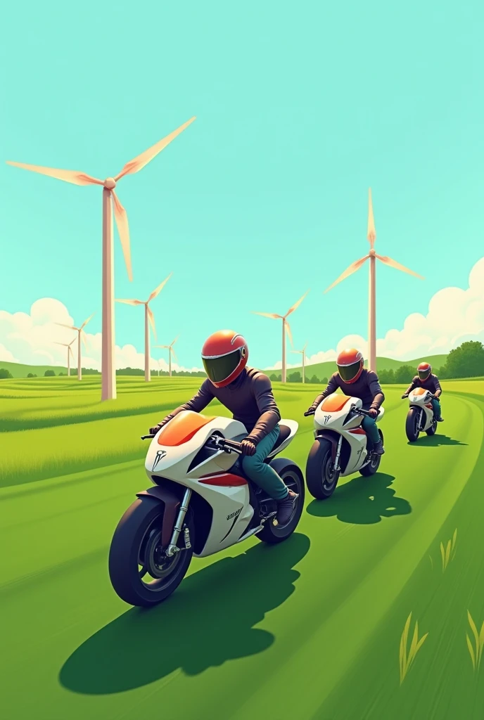 Futuristic motorcycles racing on a green field with windmills