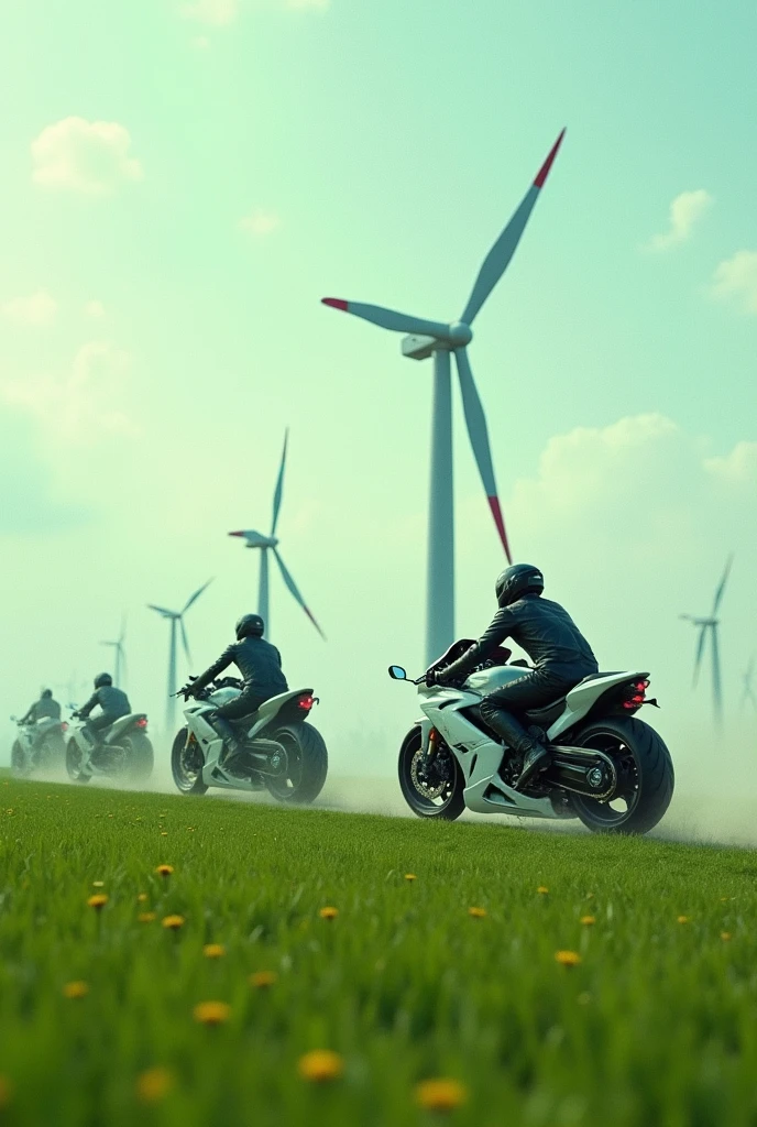 Futuristic motorcycles racing on a green field with windmills