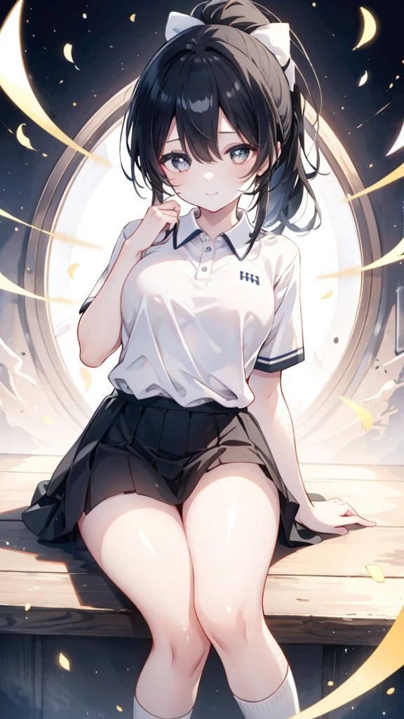One girl、solo、、Polo shirt、skirt、White socks、An illustration、(Shiny skin、:1.4)、Absurd、smile、Gazing at the audience、big、whole body、Black Hair、ponytail、Brown eyes、Sharp focus、Depth of written boundary、Eyes are delicate、Sharp pupils、Realistic pupils、(Straight thighs)