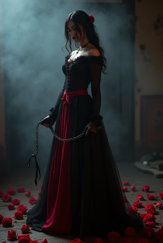 spanish gothic woman in black and red dress, according to a whip, twilight background, smoky air, red roses scattered on the floor