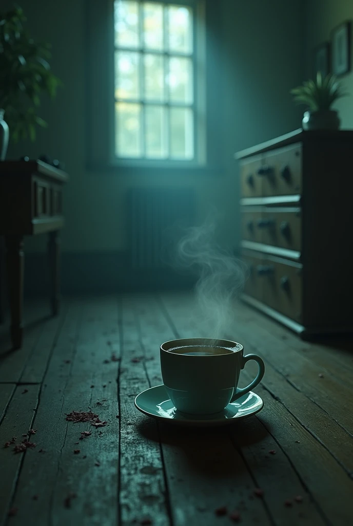 In a creepy room - the hero is cup of tea with more creepy and clean