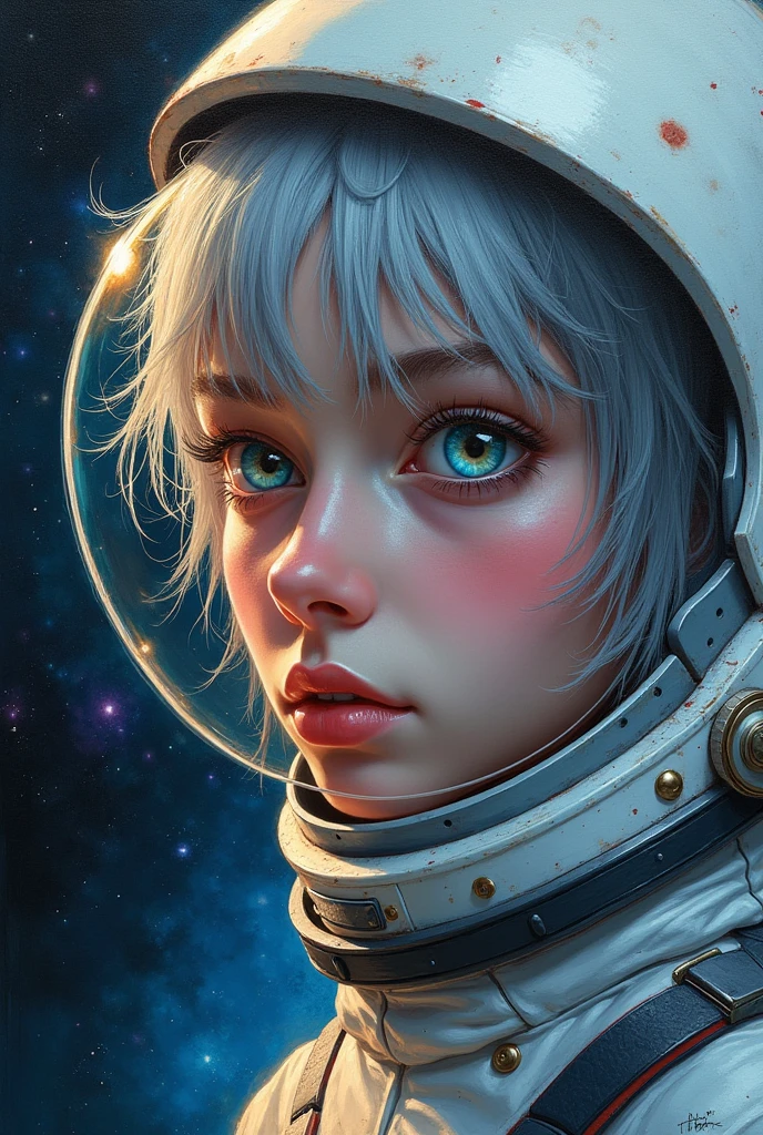 (Close-up of a better masterpiece:1.5)0.9], (Space and astronauts:1.2) (Messy silver hair:1.1) (Heterochromia xanthochromia and blue eyes:1.2) (Space Helmet:1.0) (Colored stars in the eyes:1.0) (A radiant glow:1.1) (thick lips:0.9)
