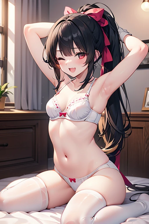 best quality, masterpiece,((frontshot)) ,1girl, solo, ((sknny legs)),long hair,((black hair)),Blake, ribbon, ((hair ribbon)), ((ponytail)),breasts, medium breasts,red eyes, ribbon,navel, sitting, (wariza),bra, underwear only, lingerie,((white panties)),((small white bra)) ,arms up, one eye closed, ;d, bedroom, pink thighhighs, pink mesh gloves,