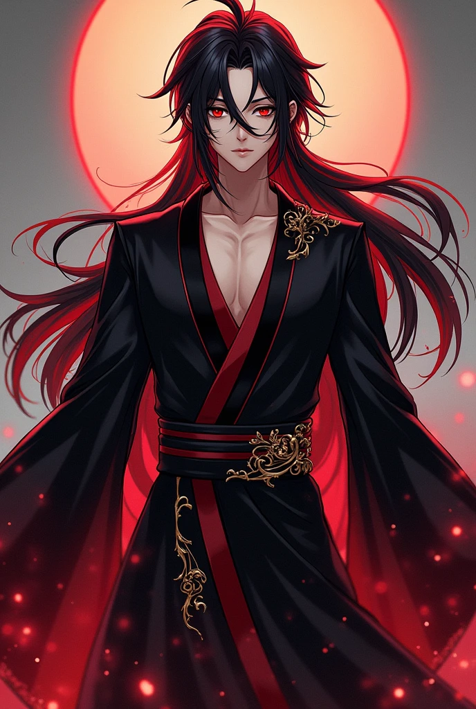black hair, Long hair, Black-red eyes, Black and red robe, gorgeous, indifferent, man, red streaked hair, ahoge, hair over shoulder, very long hair, asymmetrical bangs, hair spread out, crazy eyes, devil eyes, expressionless, robe, character chart, tachi-e, panorama, Genshin Impact Style, super detail, Full body portrait, Vision, Gorgeous robe