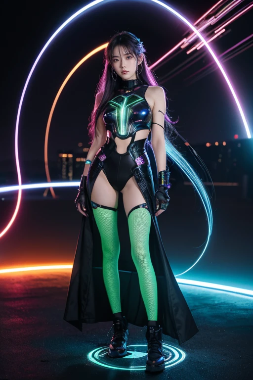 high quality, 8K Ultra HD, full body, have a cyber saber, a mesmerizing 20-year-old woman with a futuristic beauty that seems to transcend time and space, intricately woven into her very being, encased in the cybernetic suit, move with fluidity and precision, Her flowing hair resembles streams of neon lights, casting a vibrant glow that adds a touch of cyberpunk brilliance to her appearance, Each strand of hair is meticulously crafted with holographic patterns that shimmer and shift, creating an ever-changing display of colors, by yukisakura, highly detailed,