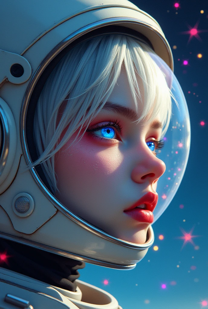 (Close-up of a better masterpiece:1.5)0.9], (Space and astronauts:1.2) (Messy silver hair:1.1) (Heterochromia xanthochromia and blue eyes:1.2) (Space Helmet:1.0) (Colored stars in the eyes:1.0) (A radiant glow:1.1) (thick lips:0.9)