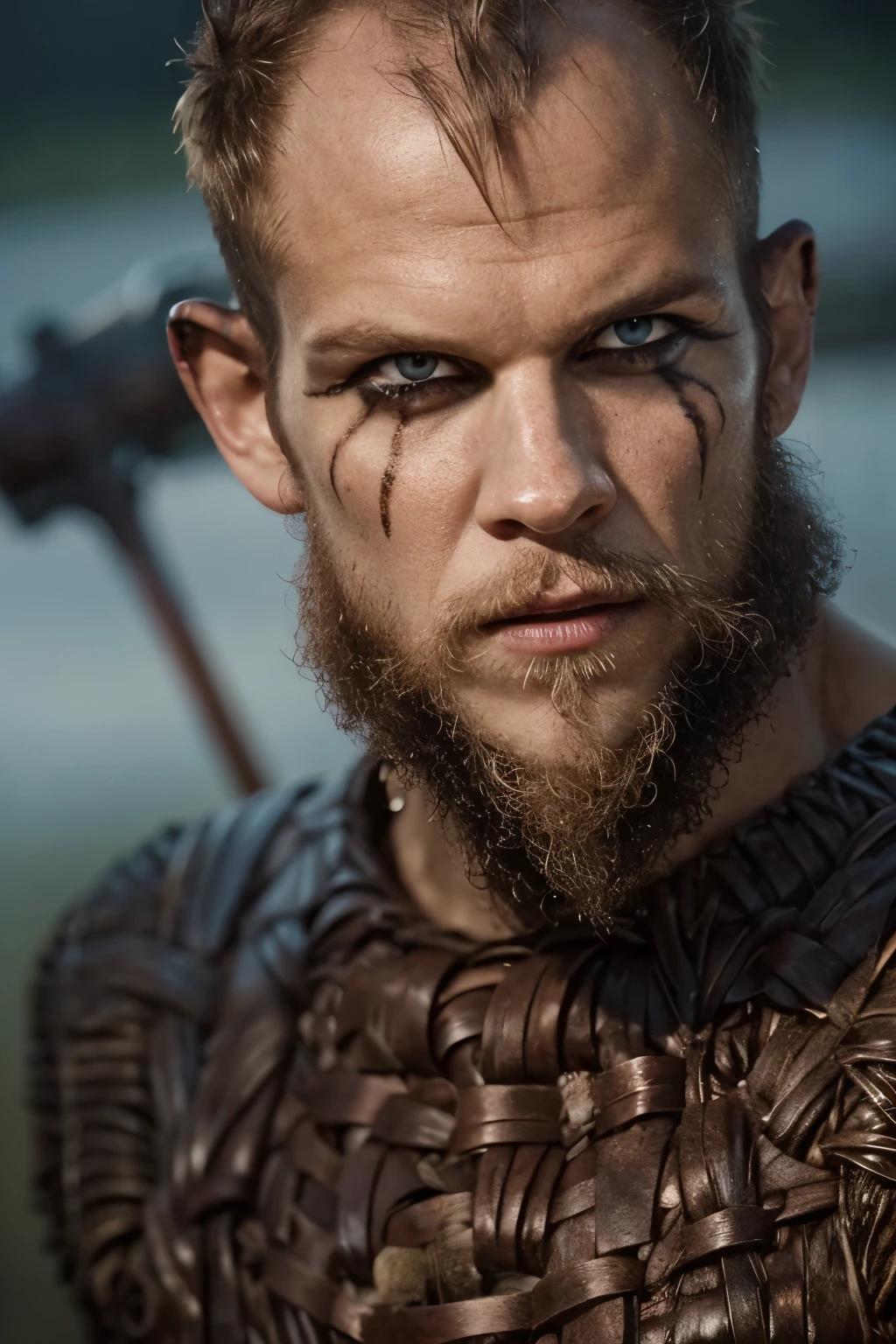 Hyper realistic, ultra detailed, close-up face of Floki a viking warrior, 50 years old, black makeup on eyes, beard, ultra realistic, skin texture, cinematic lighting. 