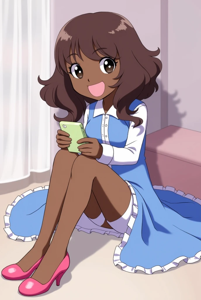 score_9, score_8_up, score_7_up, masterpiece, detailed quality, 1girl, (((Chatalie from the Yo-Kai Watch series))), Pitch Black-skinned, large mouth, no eyes, no nose, She has medium-long brown hair that curls up on the ends with bangs that mostly cover where an eye, She wears a blue dress with long white sleeves and a matching collar. Her heels are pink to match her phone. Sitting on a bed, showing her panties