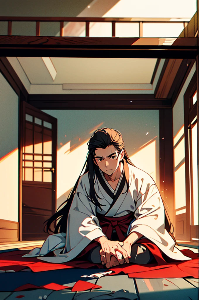 midle age man, Caucasian skin, court on the head, Slanted eyes in black, long hair, wearing a white kimono stained with red, sitting on the floor without the left leg, pool of blood, destroyed dojo background with bodies on the floor, sun coming through a hole in the wall