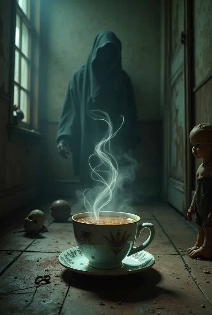 In a creepy room - the hero is cup of tea with more creepy and horror
