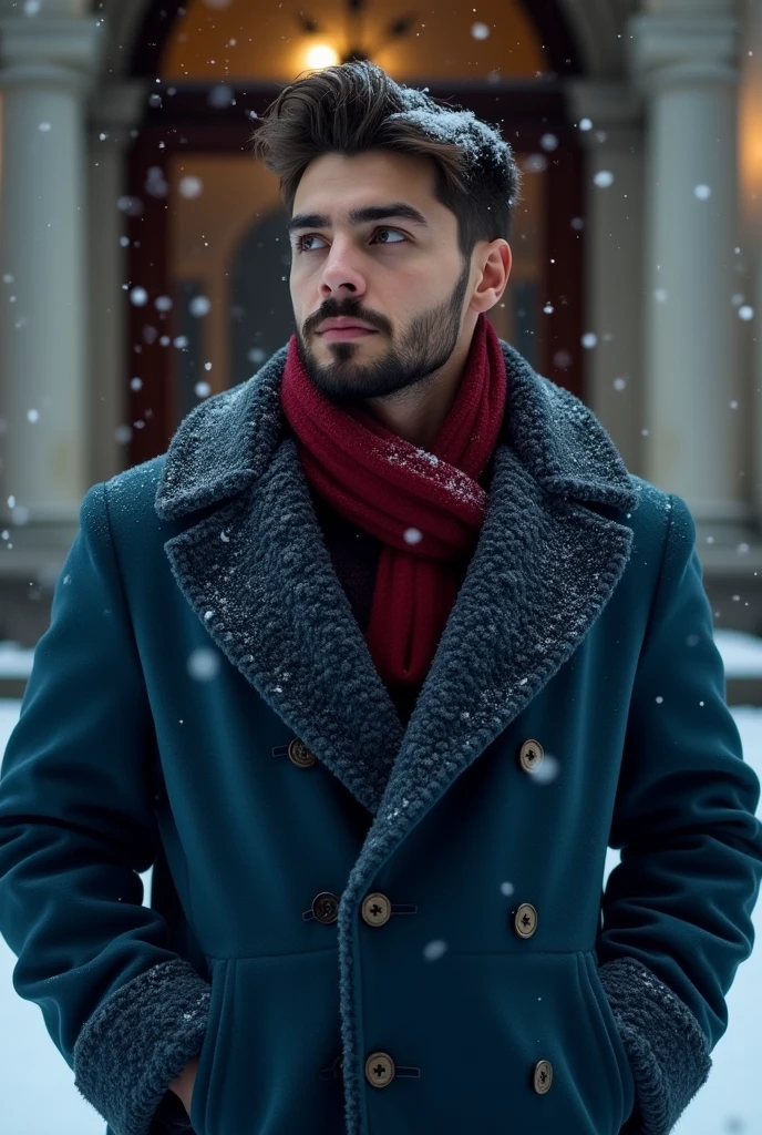 A 21-year-old young rich man with a small beard and big mustache, wearing a lush bluish pent coat and a red muffler. Snow-covered ground and icy environment. Dark, cold night with heavy snowfall. standing in front of grand mansion entrance door, looking outside at the snow, snowy and cold environment.