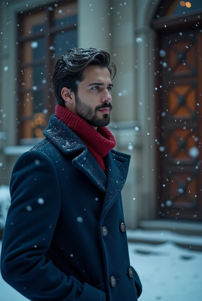 A 21-year-old young rich man with a small beard and big mustache, wearing a lush bluish pent coat and a red muffler. Snow-covered ground and icy environment. Dark, cold night with heavy snowfall. standing in front of grand mansion entrance door, looking outside at the snow, snowy and cold environment.