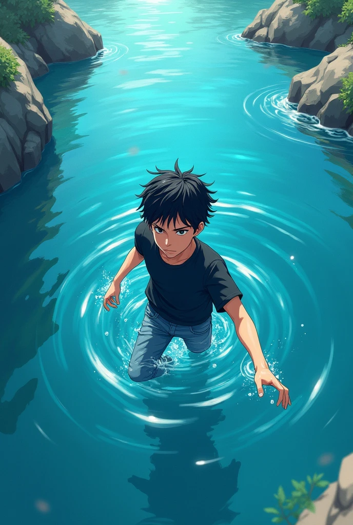 Make an anime style book cover of a boy falling into water, the boy with black hair, a black shirt with jeans 