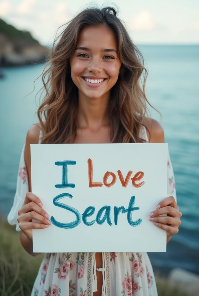 Beautiful girl with wavy long hair, bohemian dress, holding a white board with text "I Love Seaart Infinity" and showing it to the viewer