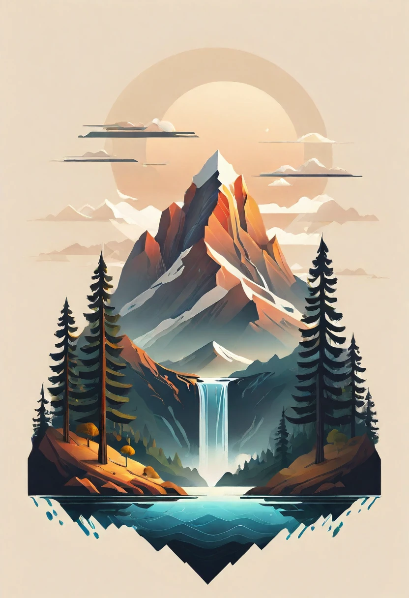 impressive painting of a mountain with trees and water, a detailed painting by Petros Afshar, shutterstock contest winner, environmental art, detailed painting, outlined art, 2d game art, isolated background for logo, strong contours, logo design