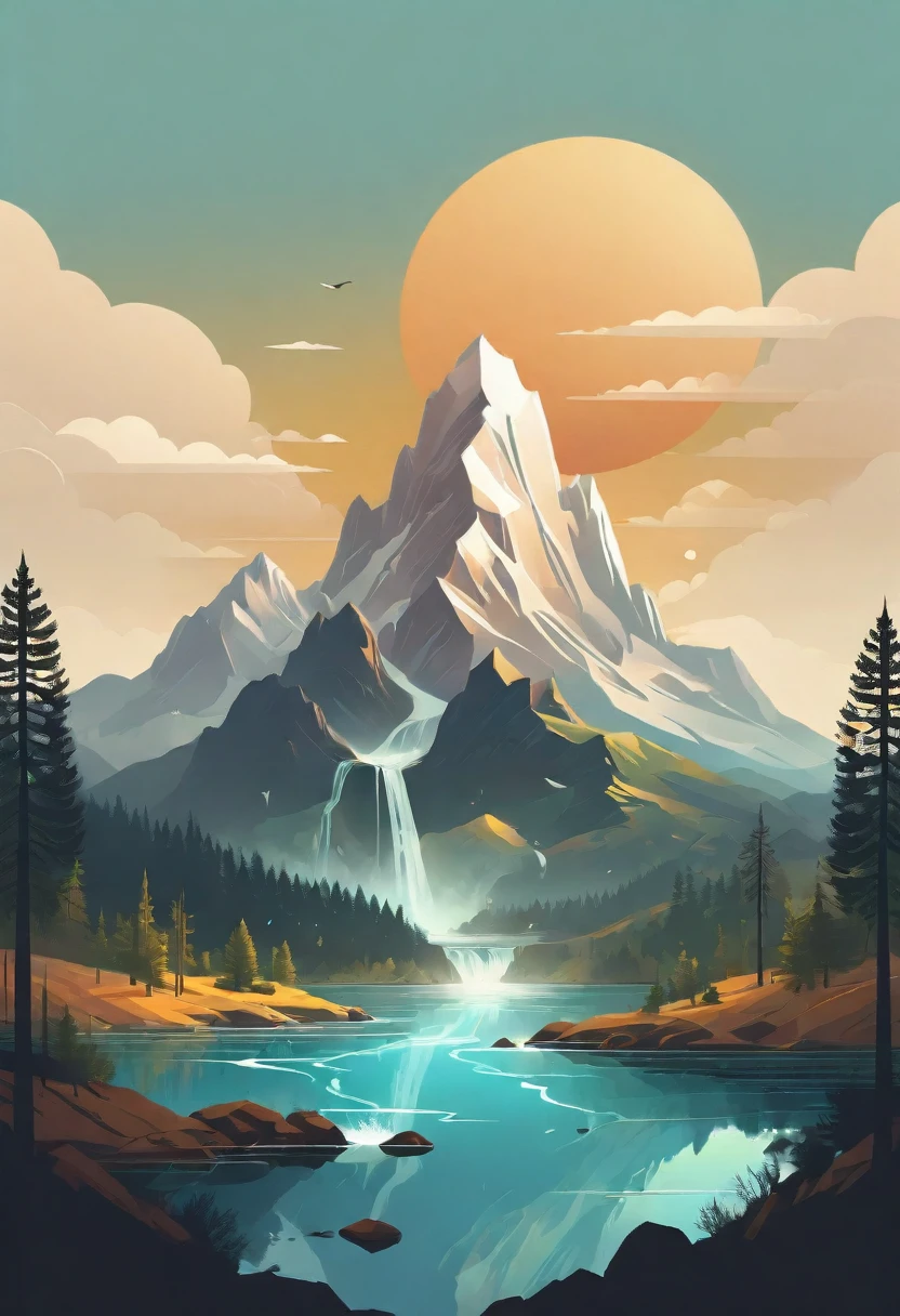 impressive painting of a mountain with trees and water, a detailed painting by Petros Afshar, shutterstock contest winner, environmental art, detailed painting, outlined art, 2d game art, isolated background for logo, strong contours, logo design