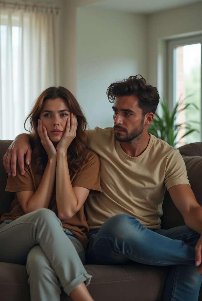 A couple sitting on the couch, but far from each other, with expressions of tiredness or discouragement.