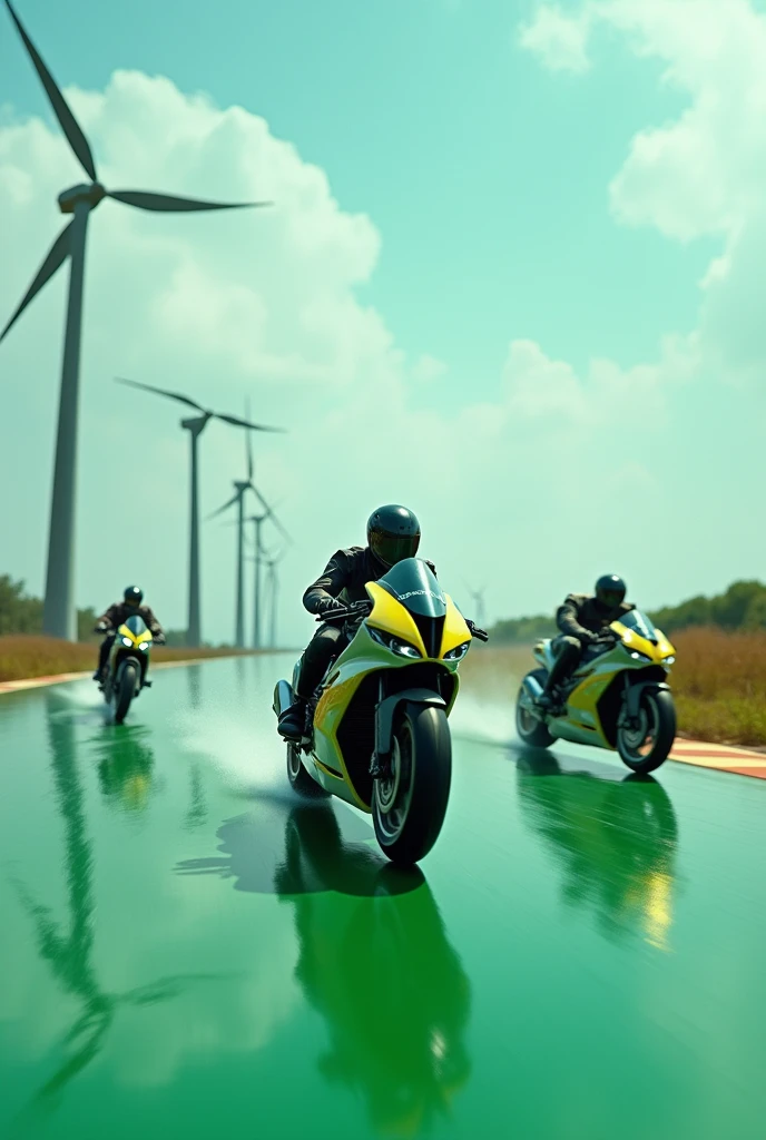 Futuristic motorcycles racing on a green track with windmills
