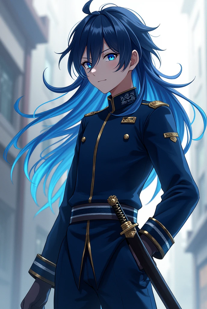 Long haired male ager with blue tips with blue eyes wearing a navy blue uniform and a katana ,move on