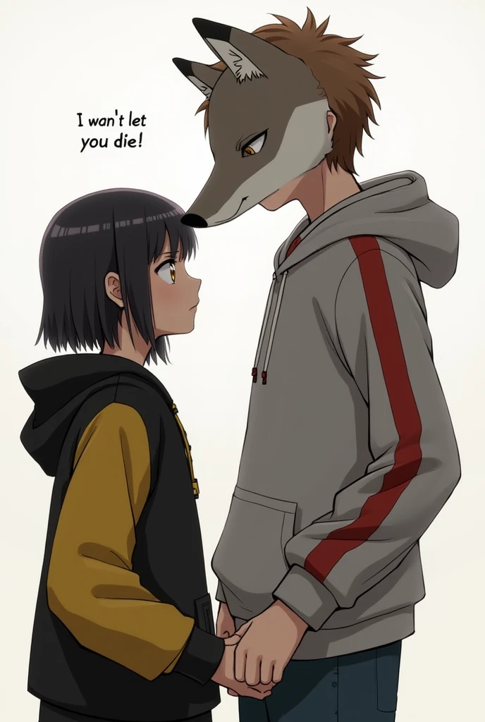 A simple art piece of two people holding hand, one a 16 year old girl with a yellow shirt and a black hoodie with yellow sleeves, and black hair and yellow eyes, one a 16 year old boy with a gray hoodie with a red stripe on the sleeves and his hoodies hood up covering most of his brown hair and a short snouted fox mask covering his face, the boy saying "I won't let you die!" To the girl