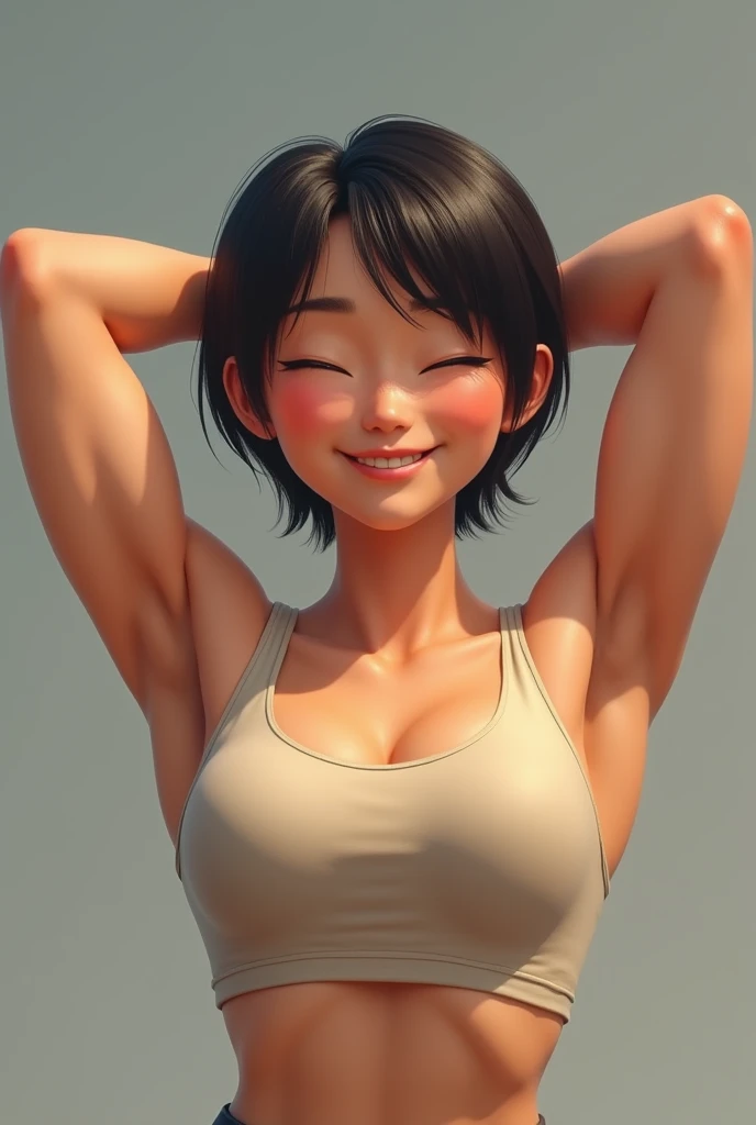 Asian woman with very short hair, wearing a beige tank top, she is smiling with her eyes closed. Your body is a little bulky, and she's raising her arms a little strong. Your armpits are sweaty.