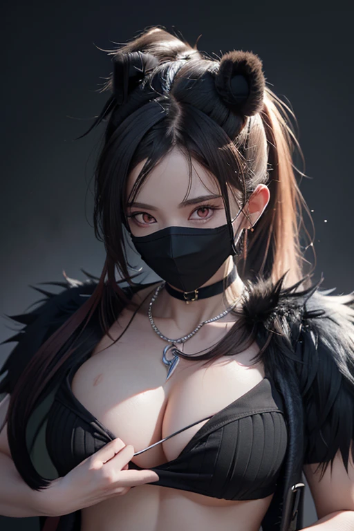 (ultra realistic,32K, masterpiece:1.2),(very detailed skin:1.1),( 8k hd, DSLR, high quality:1.1),
1 girl, black fur, andy bangs ponytail, shackles, Ribbed skirt, ribbed crop top, , (Red lips:0.8), (mask:1.1),huge chest,
(looking at the viewer, portrait:1.1),
,(tenebrismo:1.1),blank background