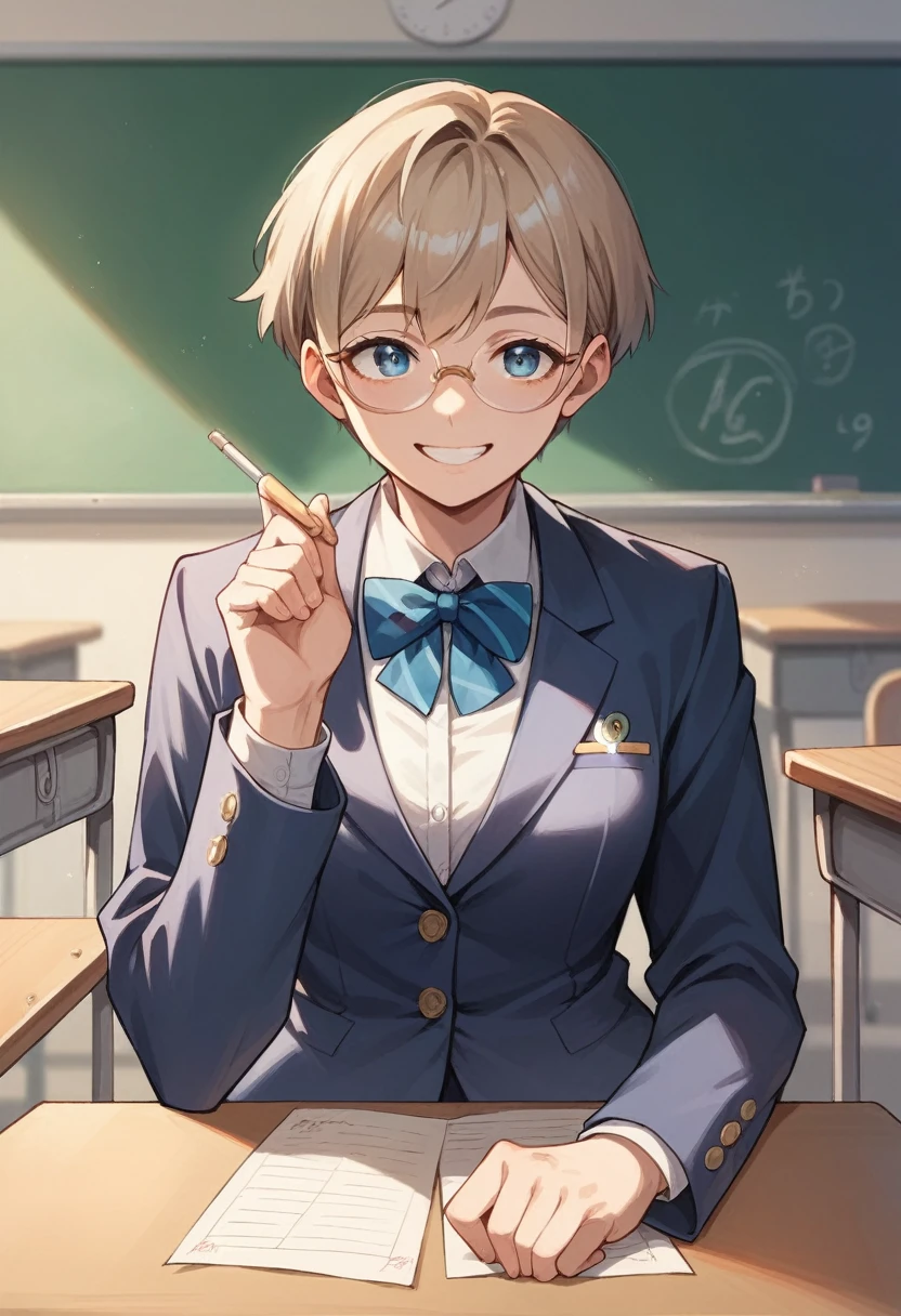 masterpiece, best quality, ultra-detailed, 1girl, , light brown hair, short hair, bob, deep blue eyes, glasses, blazer, indigo clothes, slightly smile, in classroom
