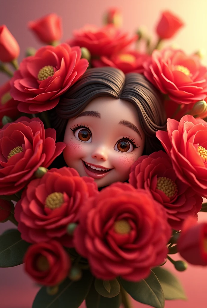 Bouquet of red flowers and a happy face
