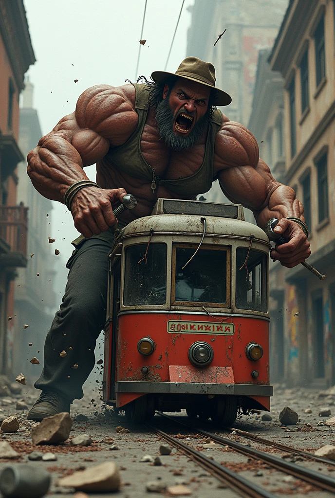 A mad hulk addict in a hat smashes an old Tatra tram with a sign "Ufa Chernikovka"