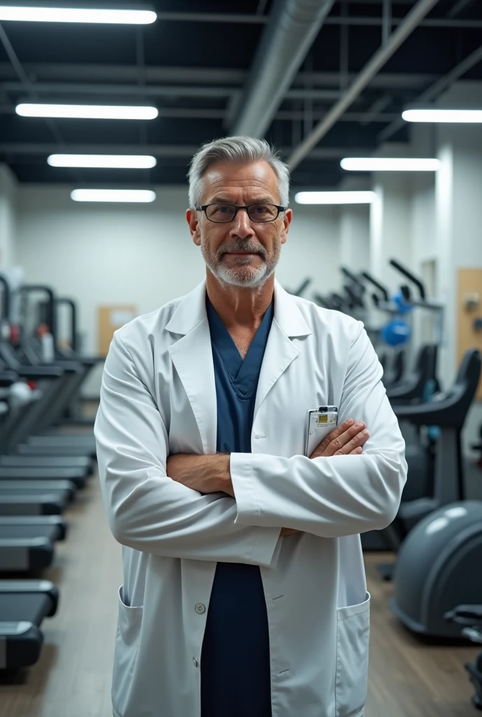 Imagine a man with folded arms standing in front of physiotherapy equipments inside a shop