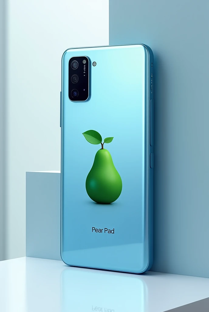 A rear view of a smartphone modeled after the A31, with a clean, rectangular design in a vibrant blue color. The focus is on the back of the phone, which prominently features a green bitten pear logo in the center, similar to the iconic Apple logo. Below the pear logo, the brand name 'Pera Pad' is displayed in a sleek, modern font. The design should include details like the camera layout typical of the A31, with the unique addition of the pear logo and branding, creating a distinctive and premium look.A navy blue cellphone with a green pear drawn on the screen, the pear is white, with the name 'Pear Pad' written at the bottom of the screen. The cellphone is resting on a white table.