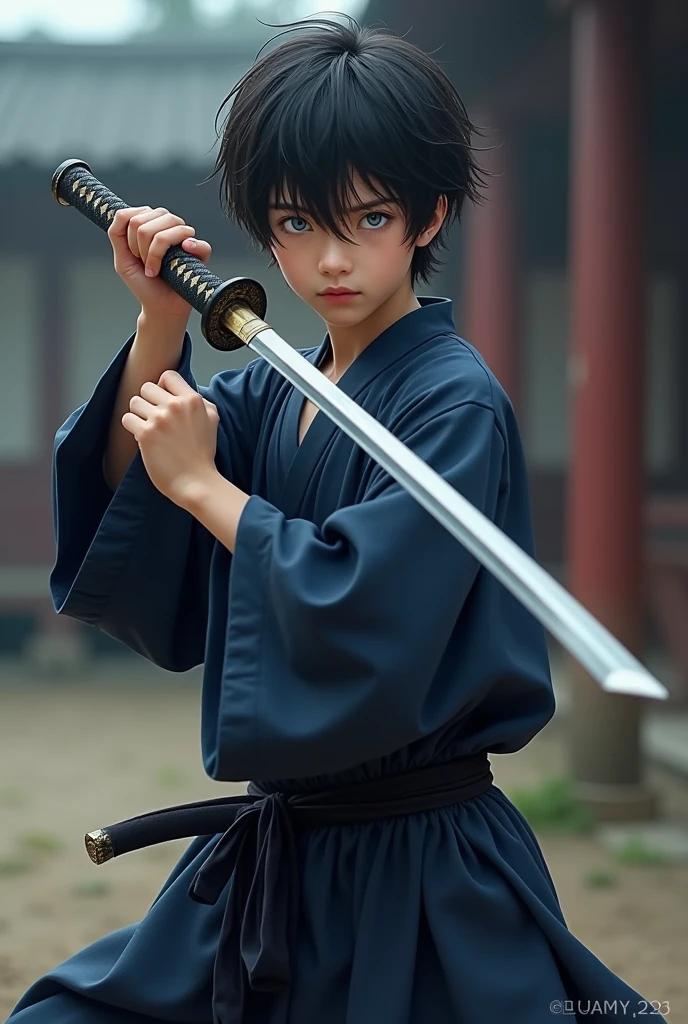 Short black haired male ager with blue eyes wearing a navy blue baggy uniform and a katana ,move on