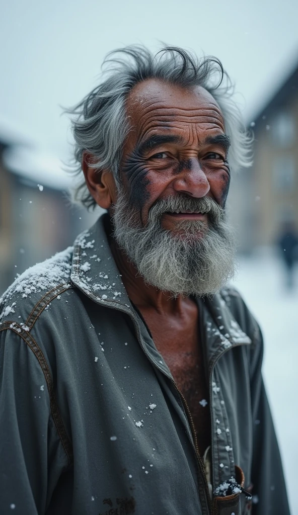 An extremely poor 70-year-old man with black oil marks on his dirty face and unmaintained beard, hair and nails are very dirty wearing a torn plain single grey shirt that barely covers his body looks relieved and happy, smiling faintly, snowfall continues around him