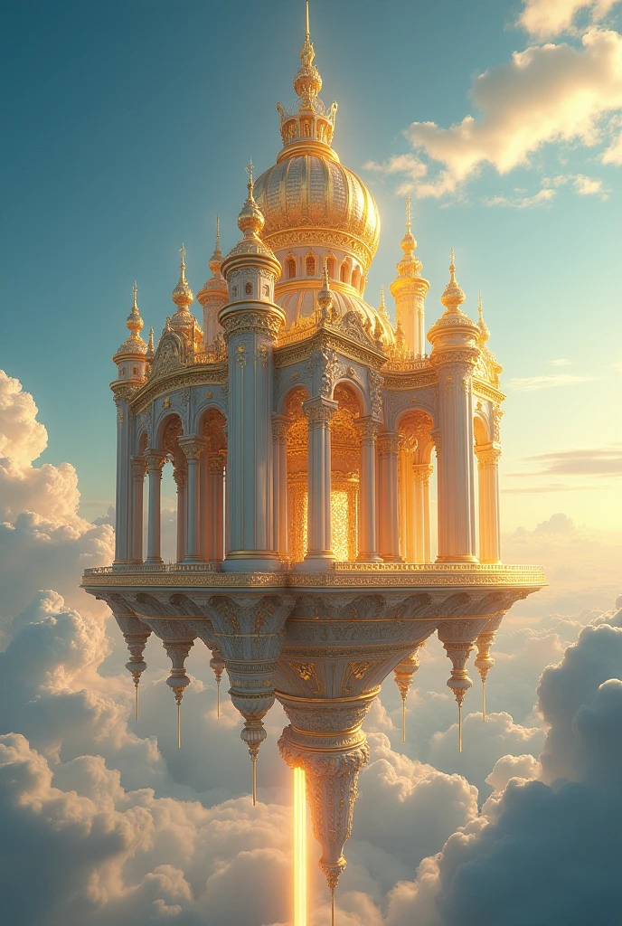 Build a castle in the sky (roman style) of gold with glass windows that can be seen horizontally, with flashes of a central light, This castle must contain precious pearls that look realistic, without creating the reflection on the bottom